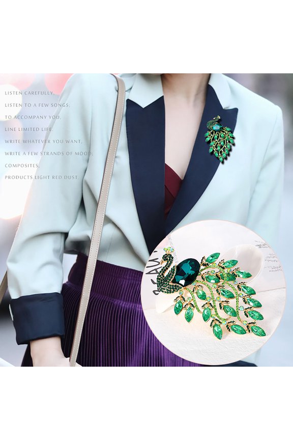 Vintage Green Peacock Corsage Alloy Diamond Animal Pin Party Jewelry, 11.5x7.1 cm, Green 1Pack