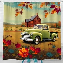 Vintage Green Pickup Truck Shower Curtain - Rustic Barn & Autumn Trees Design Colorful Floral Accents Serene Countryside Decor