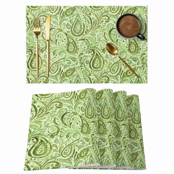 Vintage Green Placemats Set of 8, Retro Botanical Abstract Art Placemats for Dining Table, Place Mats for Kitchen Tabletop, Waterproof Wipeable Dining Table Mats Set
