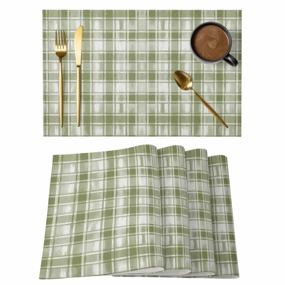 Vintage Green Plaid Placemats Set of 2 Watercolors Gradient Abstract Heat Insulation Washable Place Mats, Rustic Non-Slip Table Mats for Dining Table Party Kitchen Decor,13x19 Inch