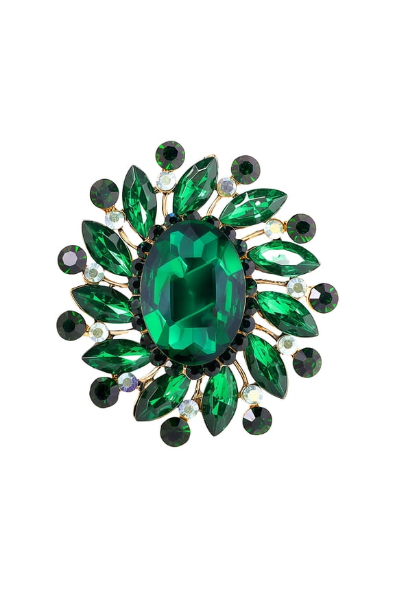 Vintage Green Rhinestone Brooch for Women,Gold-Tone Crystal Floral Pin,Large Oval Emerald Green Center Stone Brooch for Dress Coat Hat Accessories