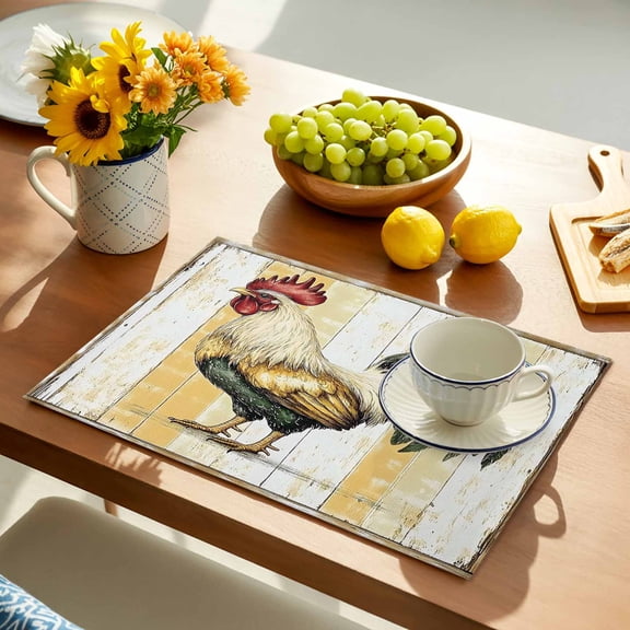 Vintage Green Rooster Placemats Set of 12, Retro Pastoral Animal Rustic Farm Wood Grain Non-Slip Place Mats Washable Table Mats for Kitchen Dining Table Decorations Indoor/Outdoor