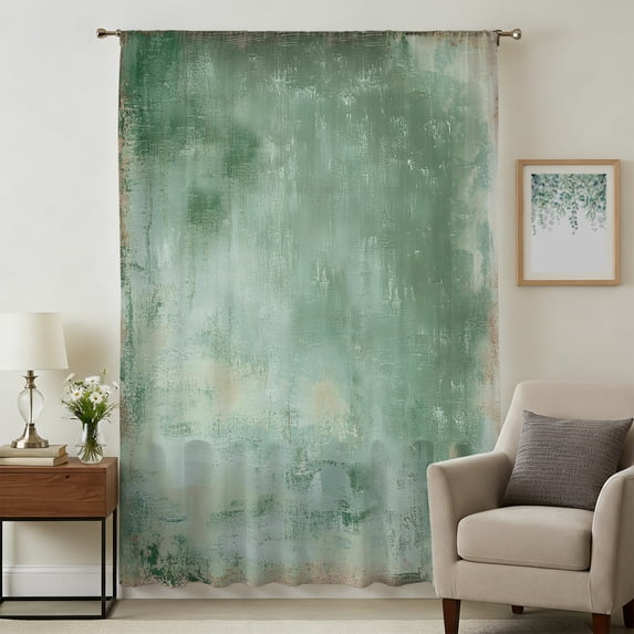 Vintage Green Sheer Curtains 63 Inches Long, Modern Simple Abstract Smear Art Light Filering Curtains, Breathable Simi Curtain Privacy Drapes for Living Room Bedroom Lightweight Window Treatment