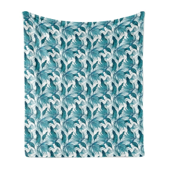 Vintage Green Soft Flannel Fleece Throw Blanket, Tropical Palm Tree Leaves with Negative Effect Background, Cozy Plush for Indoor and Outdoor Use, 50" x 60", Petrol Blue Aqua, by Ambesonne