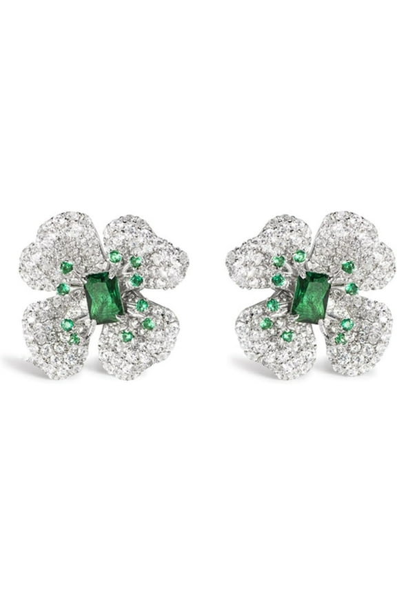 Vintage Green Spinel Stud Earrings Elegant Women Flower Earrings S925 Sterling Silver CZ Simulated Diamond Stud Earrings for Women Dainty Mixed Cut Wedding Earrings