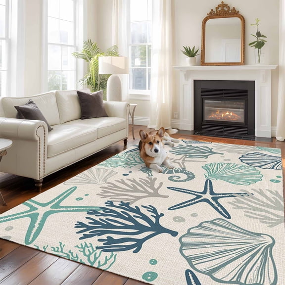 Vintage Green Starfish 5x8 Rug for Bedroom Under Queen Bed Placement, Seahorse Shell Coral Marine Creature Washable Non Slip Large Rectangle Area Rug