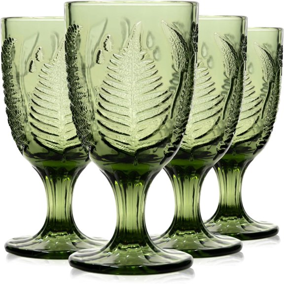 Vintage Green Stemmed Goblets Set of 4, Fern Embossed Textured Glass Wine Goblets, Retro Boho Colored Stemware, Decorative Drinking Glasses for Water, & Cocktails, Glassware Gift