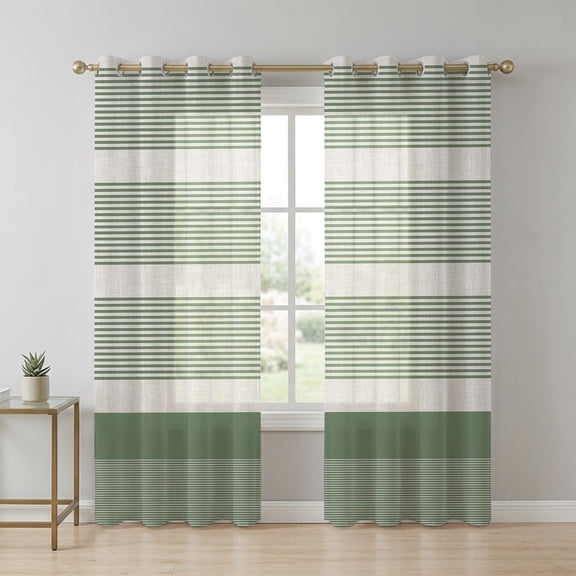 Vintage Green Striped Sheer Curtains 72 Inch Long 2 Panels, Modern Simple Abstract Bohemian Light Filtering Semi Sheer Drapes Grommet Voile Window Curtain for Living Bedroom W52 x L72