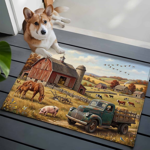 Vintage Green Struck Front Door Rugs 2x3 ft Farm Pig Cow Animal Bird Barn Farmhouse Small Rug for Entryway Non Slip Washable Bathroom Door Mat Absorbent Floor Mat for Indoor Entrance
