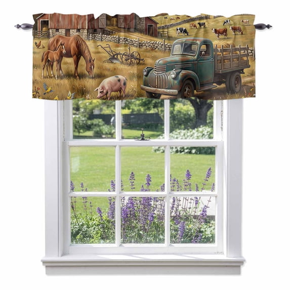 Vintage Green Struck Valance Curtain for Windows Farm Pig Cow Animal Bird Barn Farmhouse Rod Pocket Curtain Valances Short Window Treatments Panels for Kitchen Bathroom Laundry Basement 60 x 18 Inch