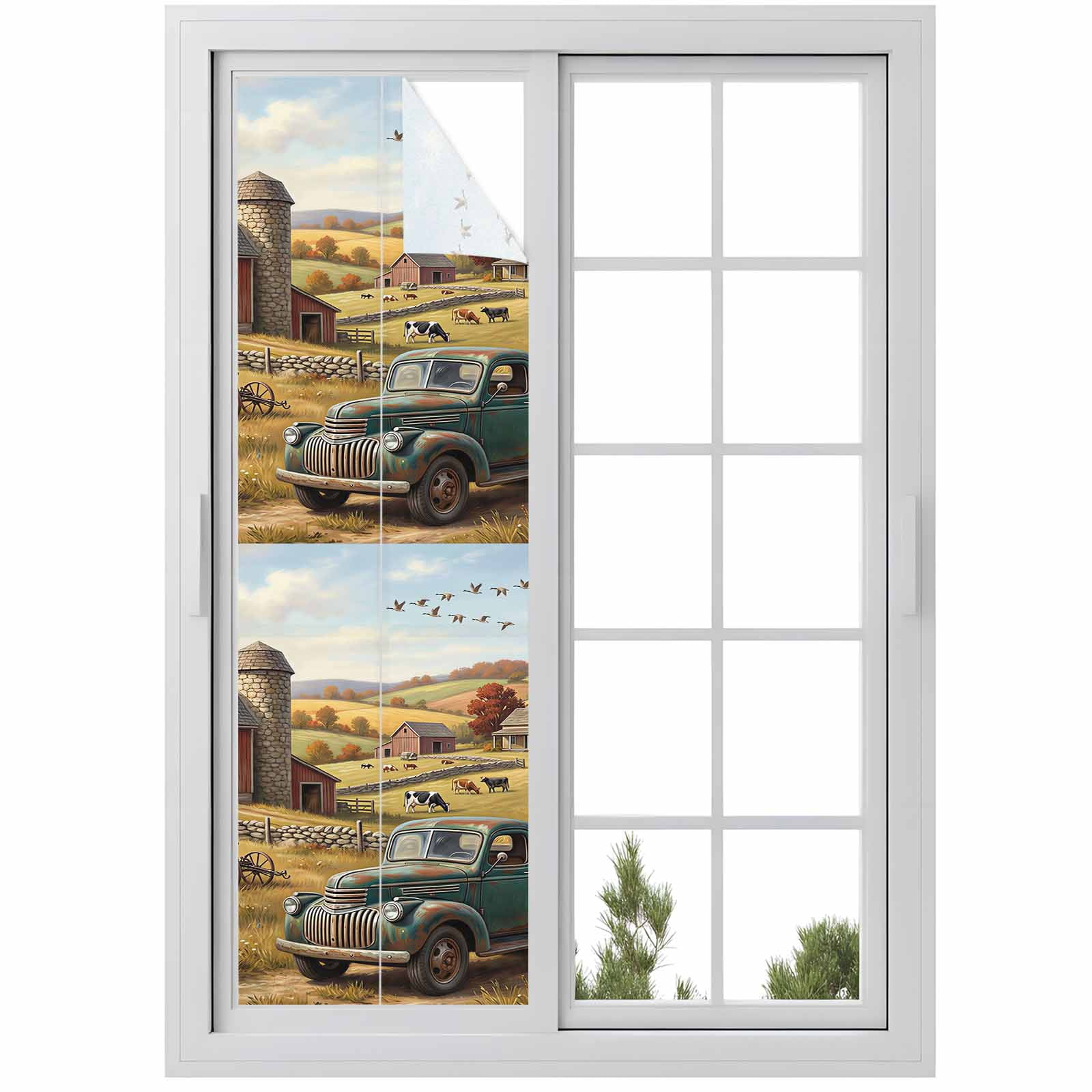 Vintage Green Struck Window Privacy Film, Farm Pig Cow Animal Bird Barn ...