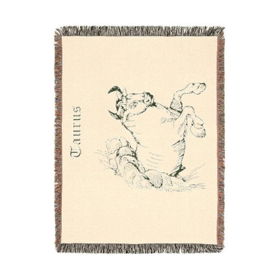 Vintage Green Taurus Bull Zodiac Woven Blanket, 100% Cotton Astrological Line Art for Sofa or Bed