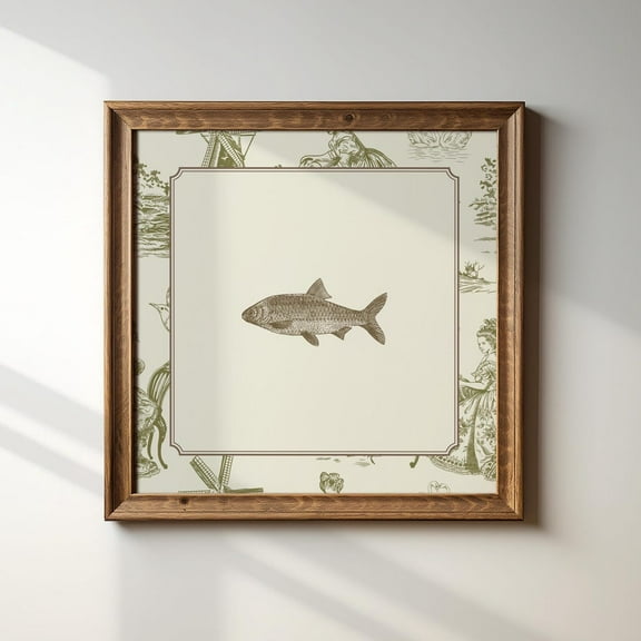 Vintage Green Toile Fish Print, Trendy Decor, Cottage, Nursery Wall Art, Modern Wall Decor, 24x24 UNFRAMED