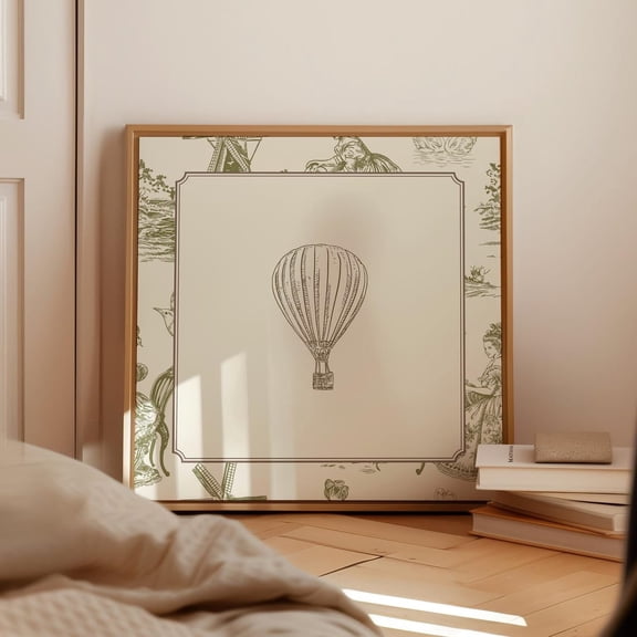 Vintage Green Toile Hot Air Balloon Print Trendy Decor Cottage Nursery Wall Art Modern Wall Decor