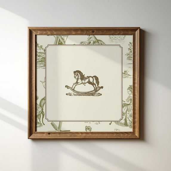 Vintage Green Toile Rocking Horse Print, Trendy Decor, Cottage, Nursery Wall Art, Modern Wall Decor, 16x16 UNFRAMED