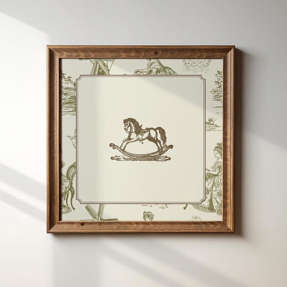 Vintage Green Toile Rocking Horse Print Trendy Decor Cottage Nursery Wall Art Modern Wall Decor