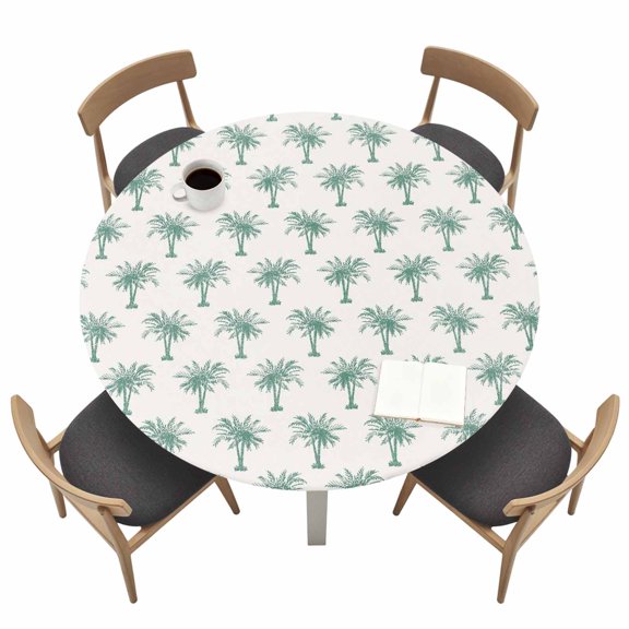 Vintage Green Tree Round Fitted Tablecloth with Elastic Edge Date Tree Tropical Plants Retro Beige Background Table Cover Fit for 45"-54" Tables Waterproof Tablecloths for Dinner Camping Picnic