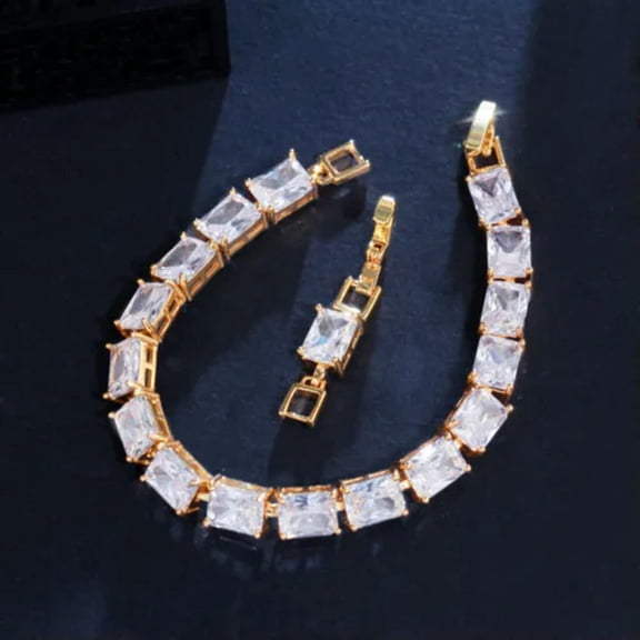 Vintage Green Yellow Gold CZ Stone Square Bangle Chain Bracelet for Engagement