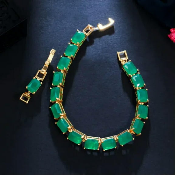 Vintage Green Yellow Gold CZ Stone Square Bangle Chain Bracelet for Engagement
