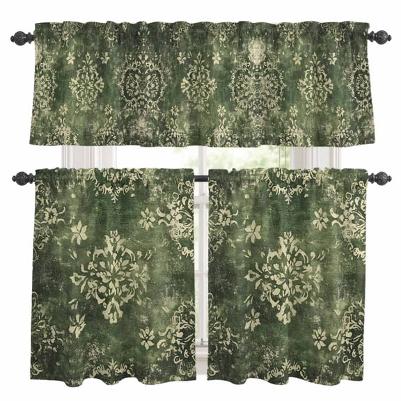 Vintage Green Yellow Kitchen Curtains Sets for Windows 24 Inch Length, Southwestern Geometric Abstract Art Rod Pocket Window Treatments Tier Curtains and Valances Set for Bedroom/Bathroom