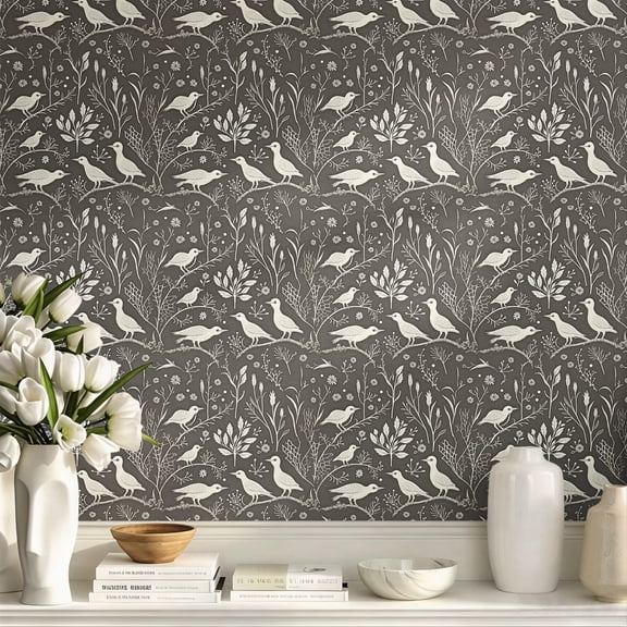 Vintage Grey Bird & Botanical Pattern Peel and Stick Wallpaper, Rustic Farmhouse Boho Wall Art Wall Decor Art Print, Elegant Whimsical Home Decoration for Living Room Bedroom Apartment