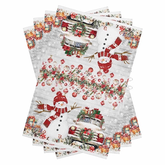 Vintage Grey Christmas Kitchen Towels Set of 4, Water Absorbent Dish Towel, Snowman Truck Xmas Balls Snowflake Decorative Hand Towels - Quick Drying Cloth for Cooking Baking, 18x28 Inch