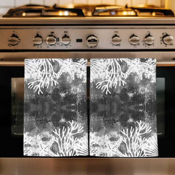 Vintage Grey Coastal Kitchen Towels Set of 1, Beach Coral Starfish Modern Abstract Absorbent Dish Towels for Kitchen, Microfiber Hand Towel, Quick Drying Tea Towel for Cleaning Decorative Dishcloths