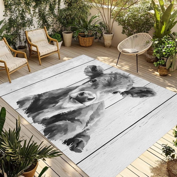 Vintage Grey Cow Outdoor Rug for Patio/Deck/Porch, Non-Slip Large Area Rug 5 x 7 Ft, Wooden Retro Art Animals Indoor Outdoor Rugs Washable Area Rugs, Reversible Camping Rug Carpet Runner
