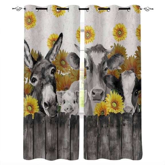 Vintage Grey Farm Animals Blackout Curtains for Bedroom, Thermal Insulated Window Treatment, Rustic Sunflowers Cow Pig Grommet Top Blackout Draperies and Drapes for Basement 27.5"x39" 2 Panels