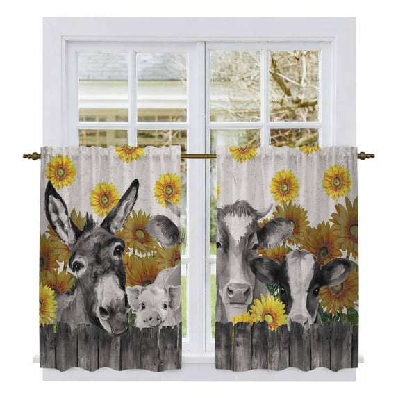 Vintage Grey Farm Animals Kitchen Curtain for Berdoom Living Room Cafe 54 Inch Length, Rustic Sunflowers Cow Pig Tiers Curtains Light Filtering Drapes Rod Pocket Window Treatment 2 Panels 52"Wx54"L