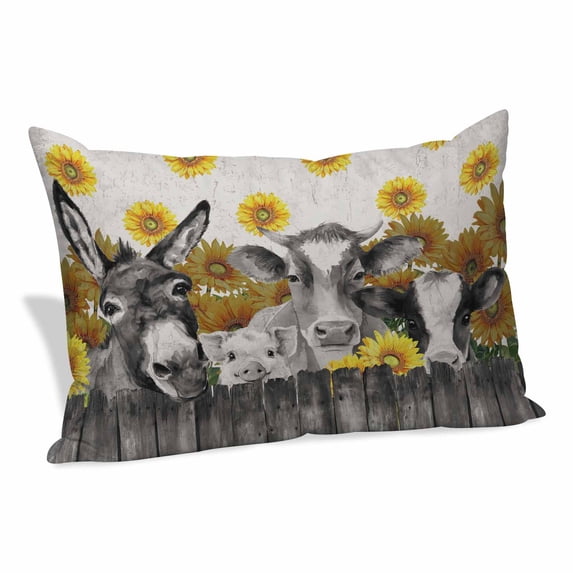 Vintage Grey Farm Animals Pillow Covers, Linen Long Throw Pillow Case, Rustic Sunflowers Cow Pig Holiday Pillow Protector Decorative Cushion Cover for Living Room/Bedroom 24" x 36"