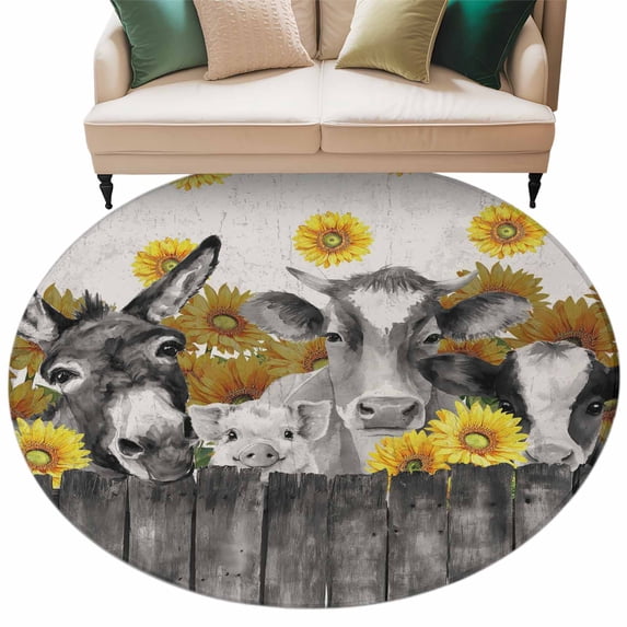 Vintage Grey Farm Animals Round Area Rugs Collection 5', Rustic Sunflowers Cow Pig Non Slip Indoor Circular Throw Runner Rug Floor Mat Carpet for Living Room Dining Table Bedroom Nursery