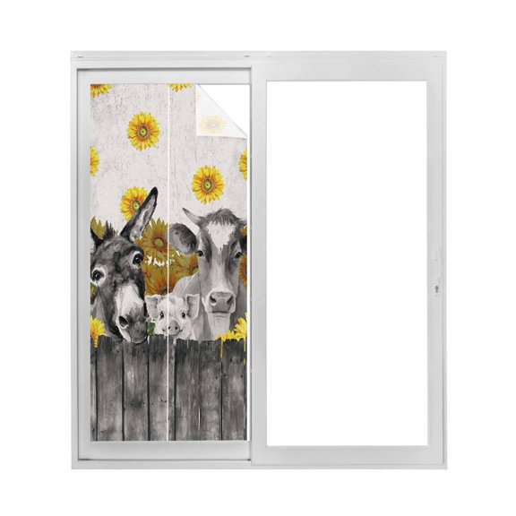 Vintage Grey Farm Animals Window Privacy Film, Rustic Sunflowers Cow Pig Static Cling UV Sun Blocking Tint Film Heat Control Windows Films for Bedroom Bathroom, Window Stickers 17.7"x39.3"