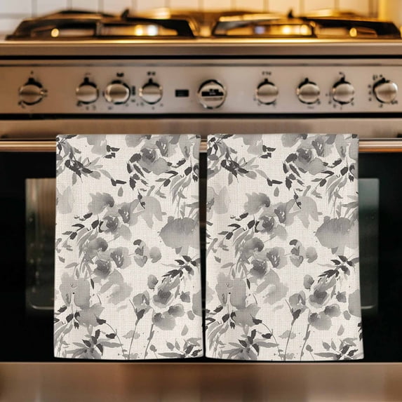 Vintage Grey Flower Kitchen Towels Set of 2, Farmhouse Botanical Floral Retro Absorbent Dish Towels for Kitchen, Microfiber Hand Towel, Quick Drying Tea Towel for Cleaning Decorative Dishcloths