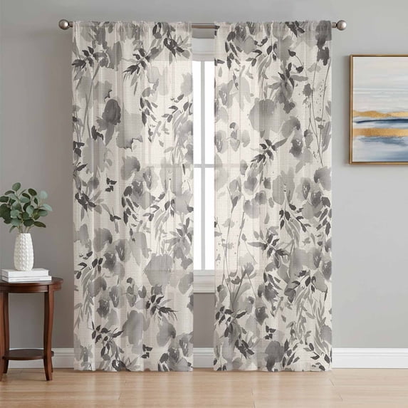 Vintage Grey Flower Sheer Curtains 72 Inch Length 2 Panels Set, Farmhouse Botanical Floral Retro Voile Window Treatment Rod Pocket Curtains Sheers Drapes for Bedroom/Living Room/Kitchen 52"x72"x2