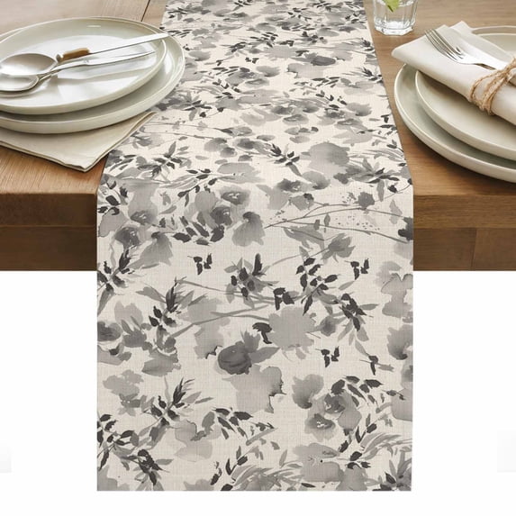 Vintage Grey Flower Table Runner - 60 Inch Long, Kitchen Dining Table Runner Dresser Scarves, Farmhouse Botanical Floral Retro Farmhouse Decor for Coffee Tables Wedding Party Banquet