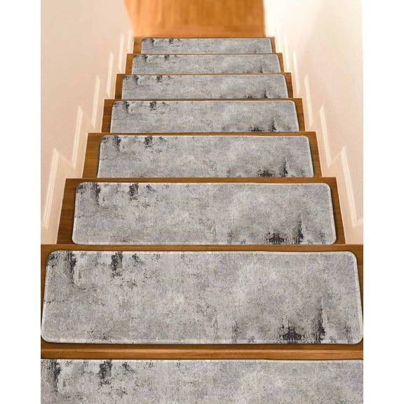 Vintage Grey Mottled Stair Treads Distressed Rough Surface Wall Texture Indoor Non Slip Peel and Stick Stair Treads for Wooden Steps 7 PCS, Soft Adhesive Staircase Mats Runner Rugs 8"x30"
