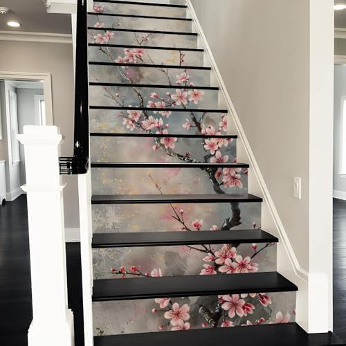 Vintage Grey Pink Cherry Trees Peel and Stick Vinyl Stair Riser Decals Staircase Tile Stair Stickers Abstract Art Modern Decoration Self-Adhesive Home Decor Stair Decals (14 Pcs)$$Tools
