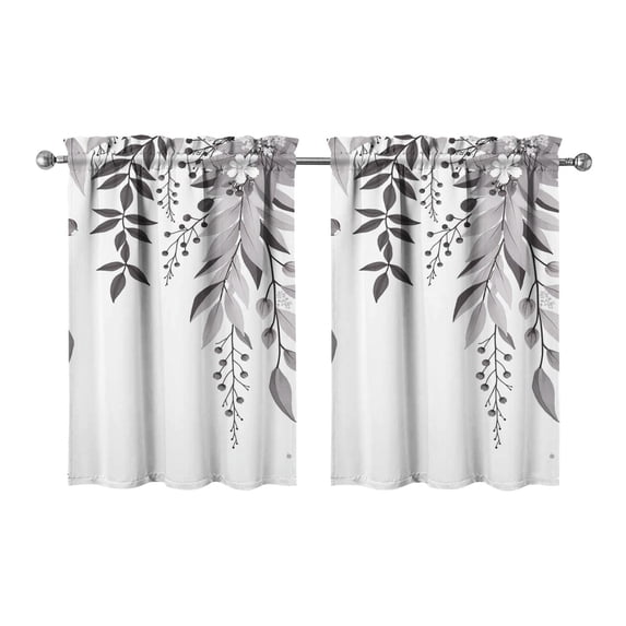 Vintage Grey Plant Leaves Tier Kitchen Curtains for Bathroom Living Rod Pocket Window Drapes 28"x36" 2 Panels Window Treatment Tiers
