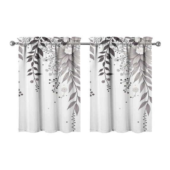 Vintage Grey Plant Leaves Tier Kitchen Curtains for Bathroom Living Rod Pocket Window Drapes 28"x36" 2 Panels Window Treatment Tiers