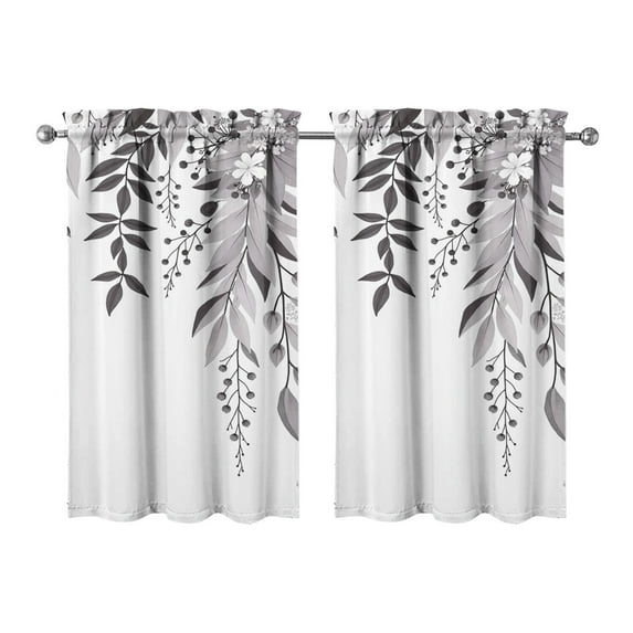 Vintage Grey Plant Leaves Tier Kitchen Curtains for Bathroom Living Rod Pocket Window Drapes 28"x39" 2 Panels Window Treatment Tiers