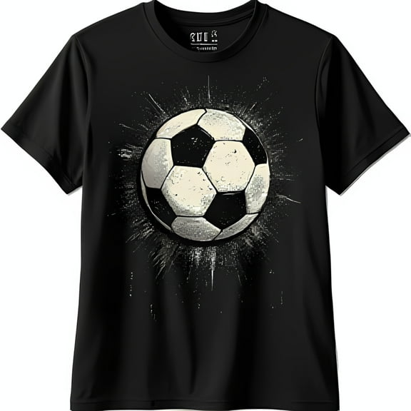 Vintage Gritty Black T-Shirt with Distorted Soccer Ball Graphic & Splatter Design
