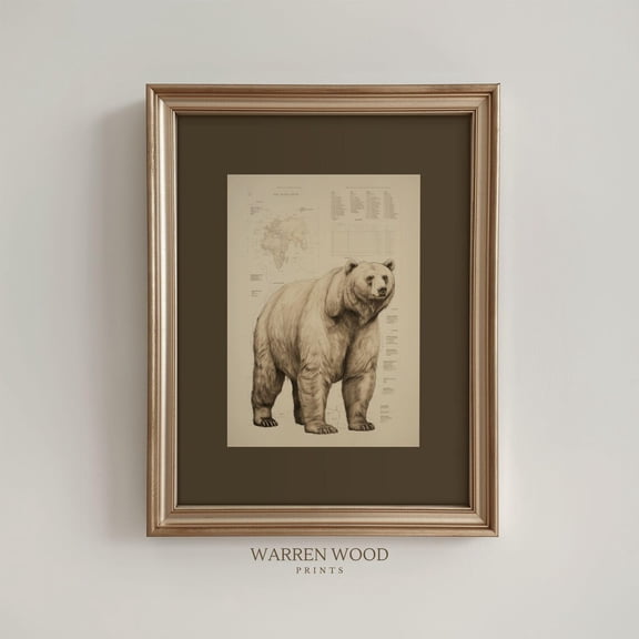 Vintage Grizzly Bear Print, Rustic Brown Background With Antique Bear Sketch, Woodland Wildlife Wall Art, For Cabin Home Decor #1665, Unframed Poster Size 12x18