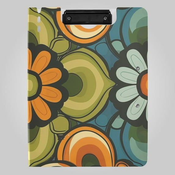 Vintage Groovy Flower Patterns Foldable Binder Folder Clipboard with Pen Slot Double Clips A4 Size File Storage