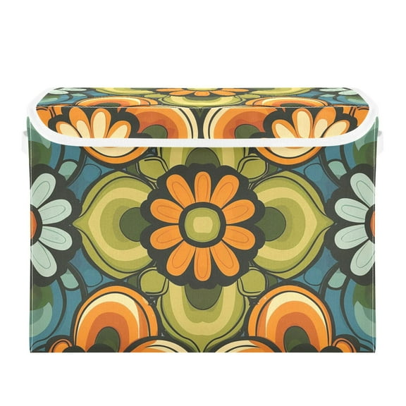 Vintage Groovy Flower Patterns Foldable Storage Bin with Lid and Handle Collapsible Storage Box 16.5 x 12.6 x 11.8 inches