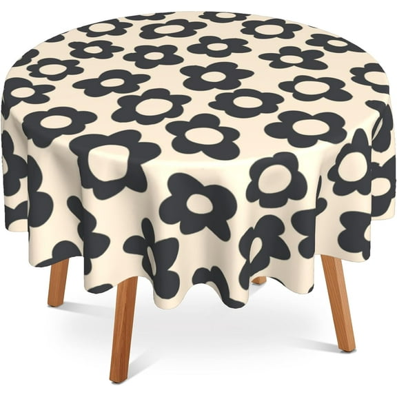 Vintage Groovy Flowers 60 inch Round Tablecloth,Black Daisy Circle Table Cover Stain Resistance Water Repellent Wrinkle-Free Table Cloth for Home Kitchen Dining Party Patio Indoor Outdoor