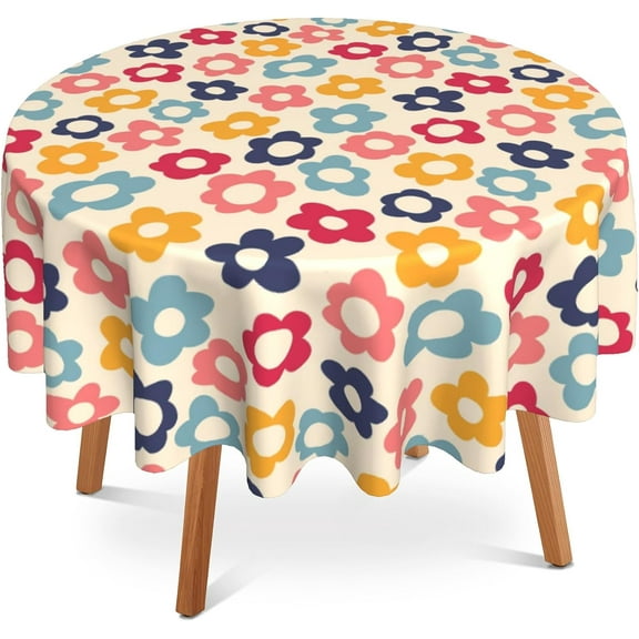 Vintage Groovy Flowers Round Tablecloth 60 Inch,Waterproof Table Cloth Cover Decorative for Party Holiday Dinning Tabletop Home Décor