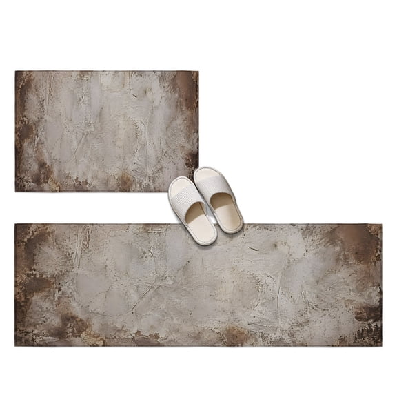 Vintage Grunge 2 Pieces Non-Slip Kitchen Mat Set, Taupe Industrial Mottled Border Concrete Texture Soft Door Mat with Rubber Backing, Dirtproof Rugs for Entrance Doorway, 23.6x35.4in+23.6x70.9in
