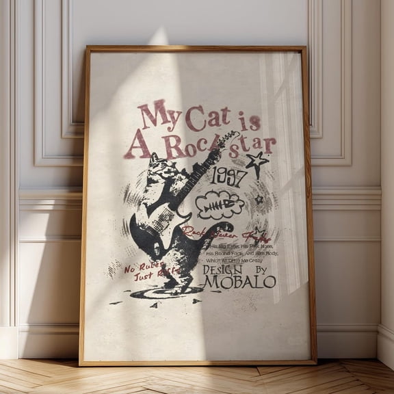 Vintage Grunge Cat Wall Art Poster - 90s Music Decor for Cat Lovers UNFRAMED Poster