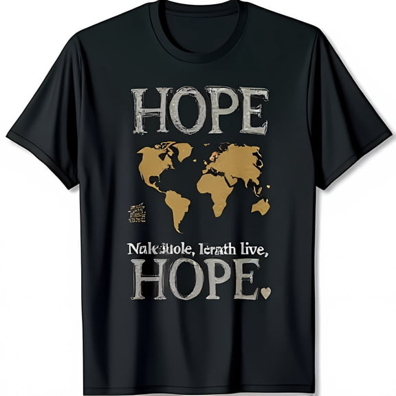 Vintage Grunge HOPE T-Shirt with Gold World Map Inspirational Black Tee